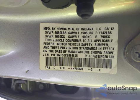 2012 Honda Civic Lx z USA, uszkodzony, nr VIN 19XFB2F50CE086845
